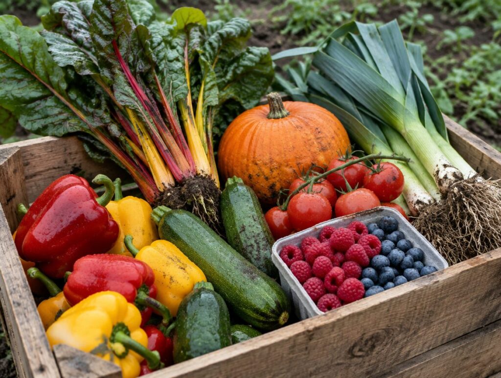Erntekiste mit frischem Gemüse, Früchten und Beeren