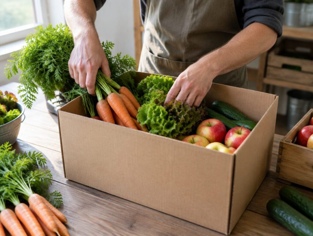Bestellung wird von Hand in die Lieferkiste gepackt